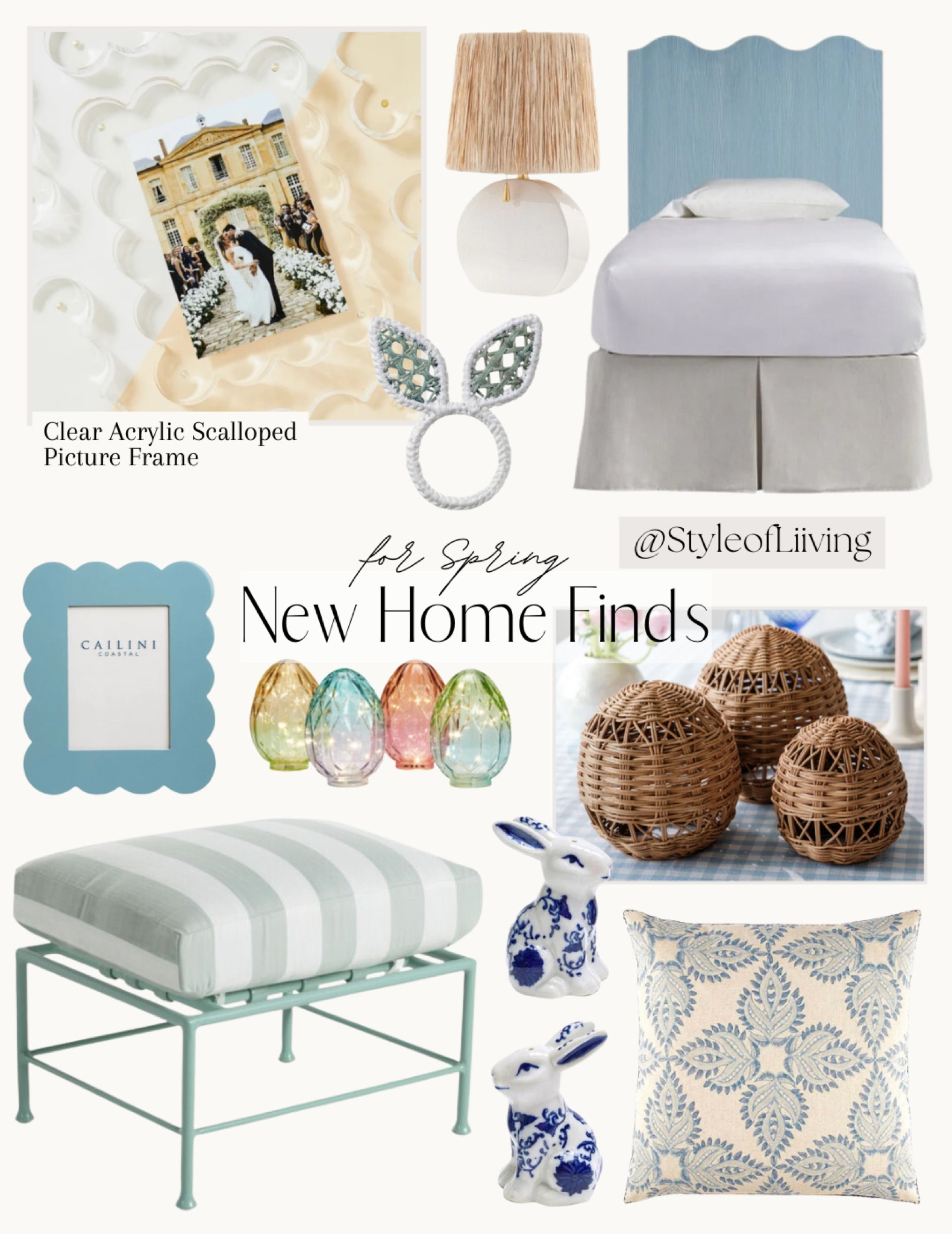 Easter and Spring home decor and furniture finds! Outdoor ottoman, scalloped headboard blue, picture frames, Easter eggs, Easter bunnies, throw pillows, table lamps, napkin rings, salt and pepper shakers, wicker decor. Coastal style. Blue and white.

#LTKsalealert #LTKSeasonal #LTKhome