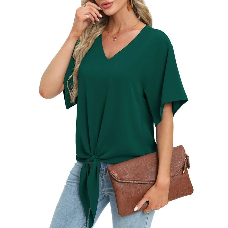 Uvplove Womens Tie Front Chiffon Blouses V Neck Batwing Short Sleeve Summer Tops Shirts | Walmart (US)