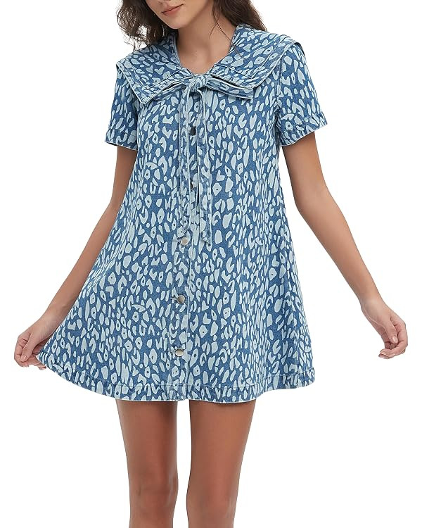 D-Sun Women's Denim Mini Dress Summer Short Sleeves Leopard Print Denim Babydoll Dress Navy Colla... | Amazon (US)