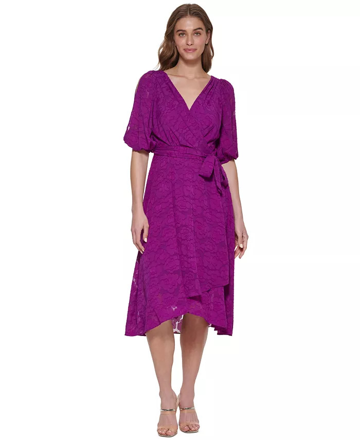 DKNY Balloon-Sleeve Tie-Waist Chiffon Lace Midi Dress & Reviews - Dresses - Women - Macy's | Macys (US)