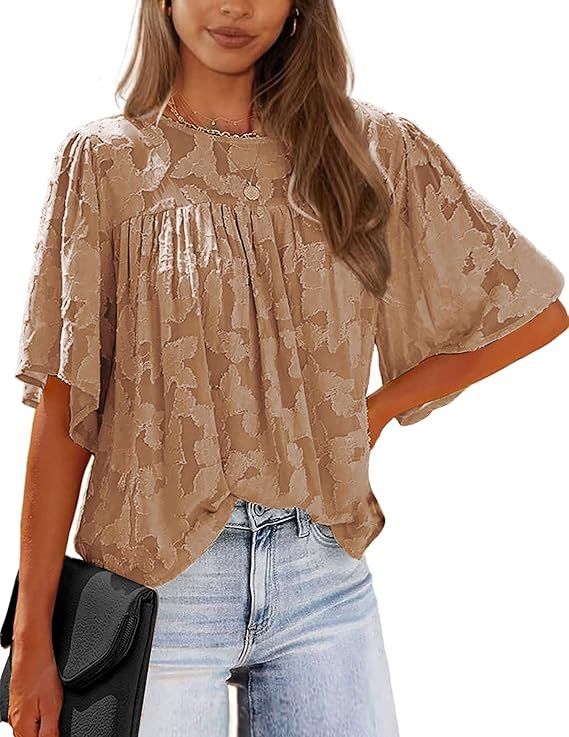 KIRUNDO Women's Summer 3/4 Bell Sleeve Lace Tops Casual Crewneck Chiffon Blouses Floral Textured ... | Amazon (US)