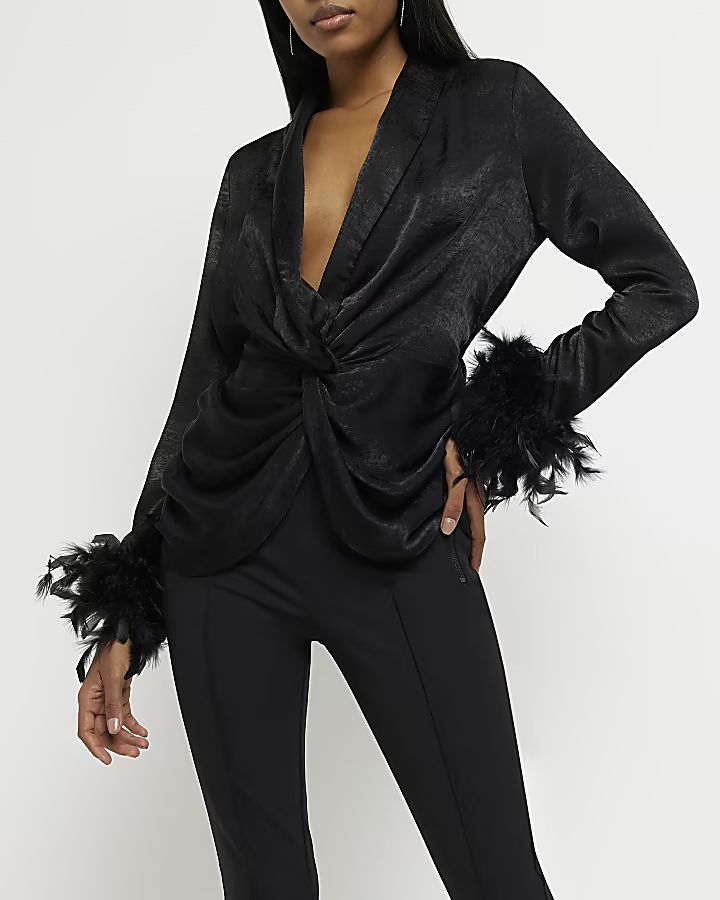 Black satin feather trim blouse | River Island (US)