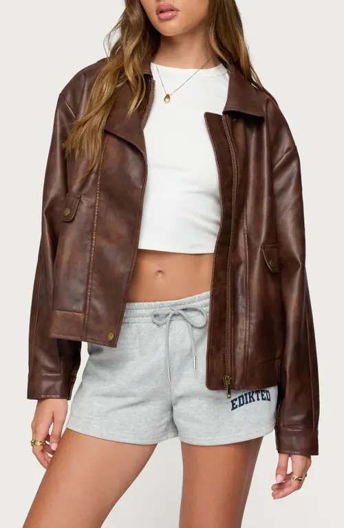 EDIKTED Ardella Oversize Faux Leather Jacket in Brown at Nordstrom, Size Small | Nordstrom