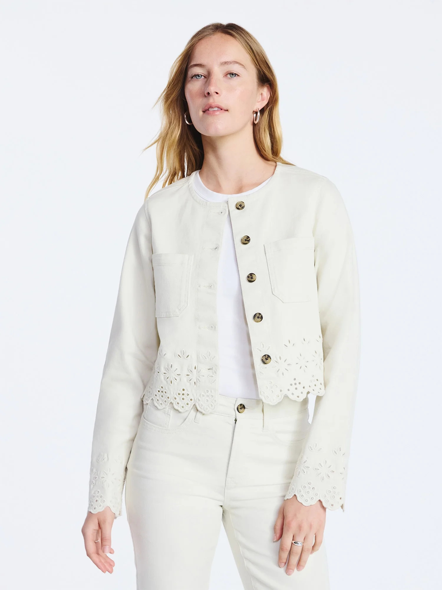 Free Assembly Women's and Women's Plus Embroidered Eyelet Denim Jacket, Sizes XS-4X | Walmart (US)