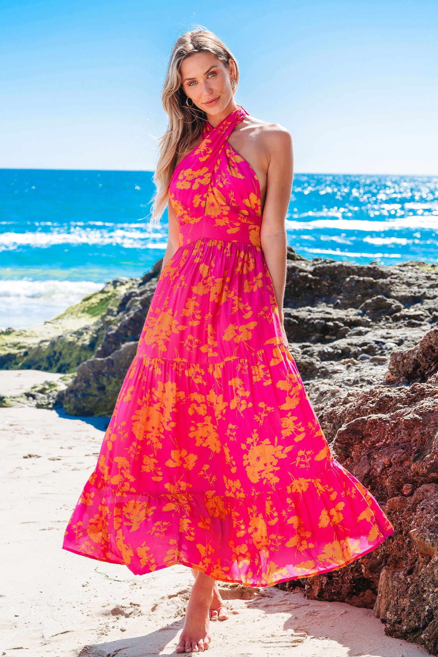 NewPink & Orange Floral Crossover Halter Maxi Dress | Cupshe US