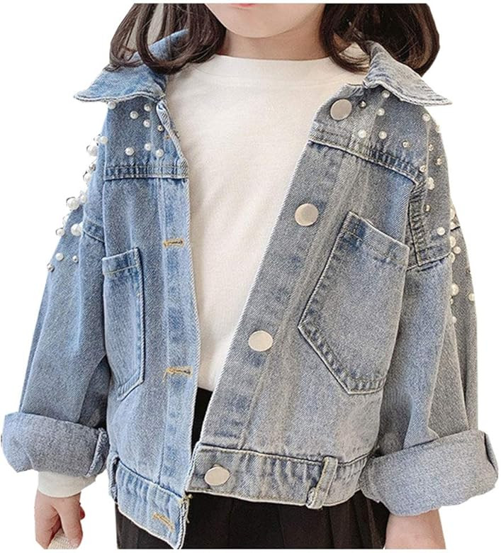 SCOFEEL Toddler & Kids Girls Denim Jacket Button Down Jeans Jacket Top with Pearls | Amazon (US)