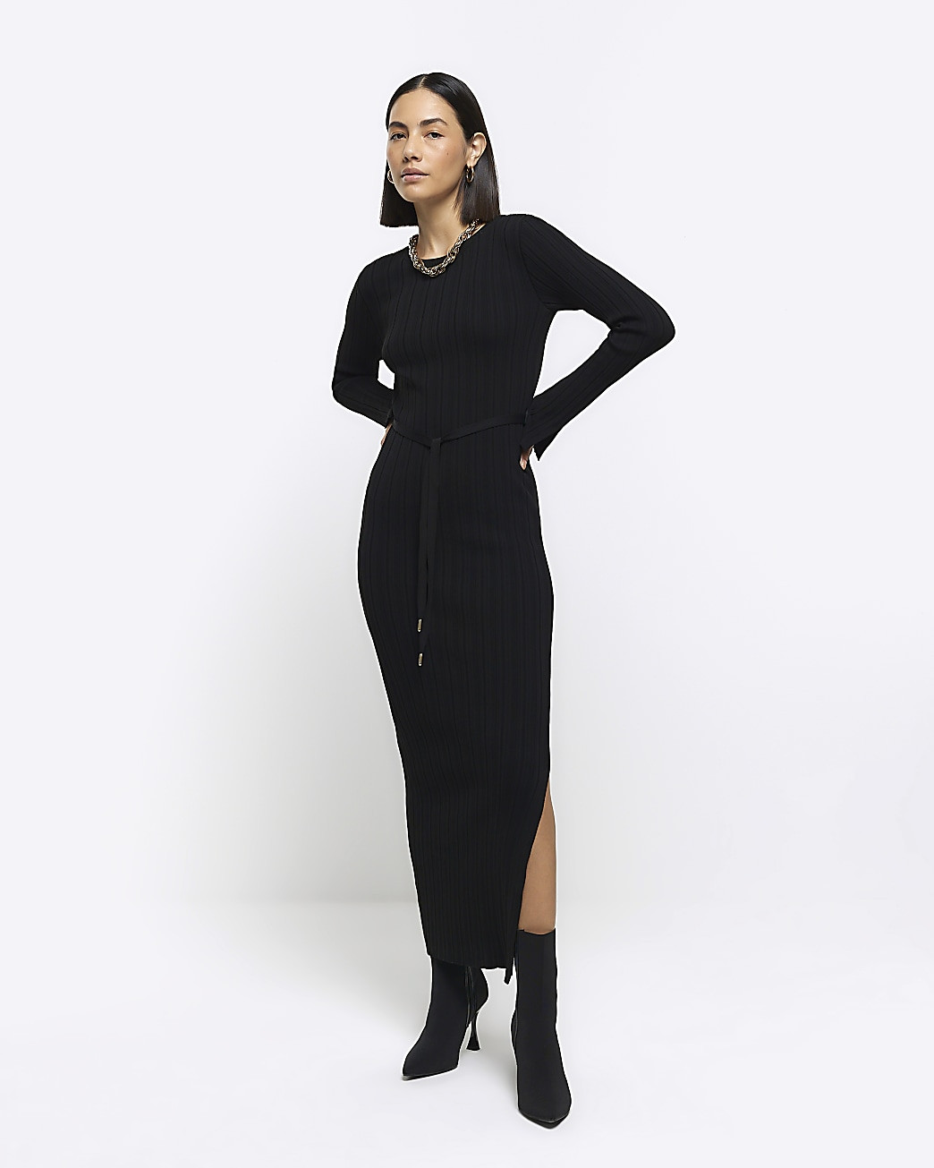 Black rib tie waist jumper maxi dress | River Island (UK & IE)