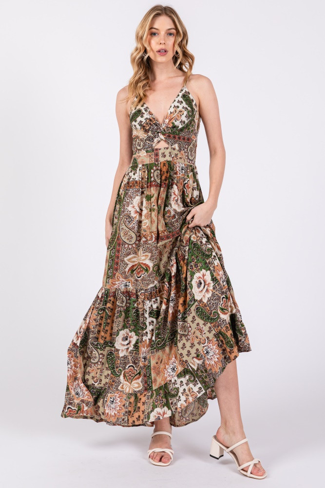 Olive Floral Paisley Front Twist Maxi Dress | PinkBlush Maternity