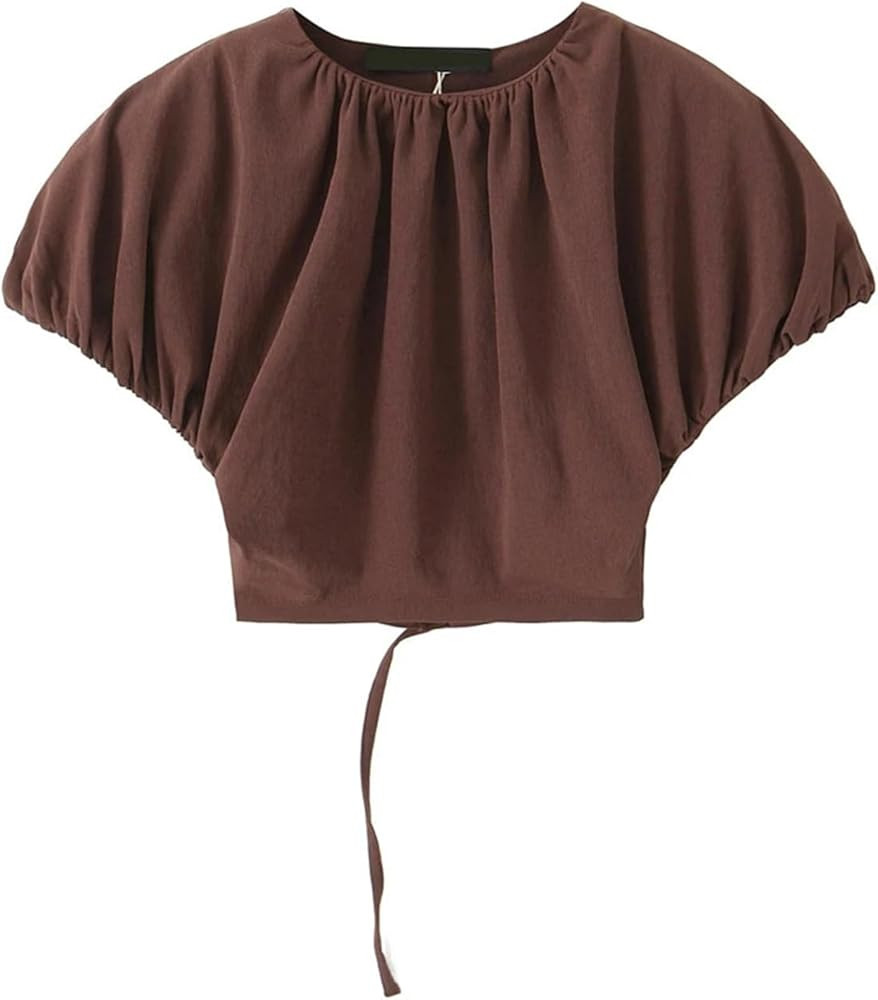 Women's Round Neck Short-Sleeved Cropped Tops Street Casual Solid Color Pleated Backless T-Shirt | Amazon (US)