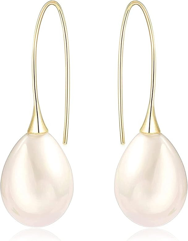 925 Sterling Silver Big White Teardrop Pearl Dangle Drop Earrings for Women Lightweight Simple Go... | Amazon (US)