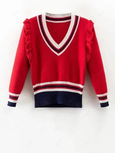 V Neck Ruffles Striped Sweater | ZAFUL (Global)