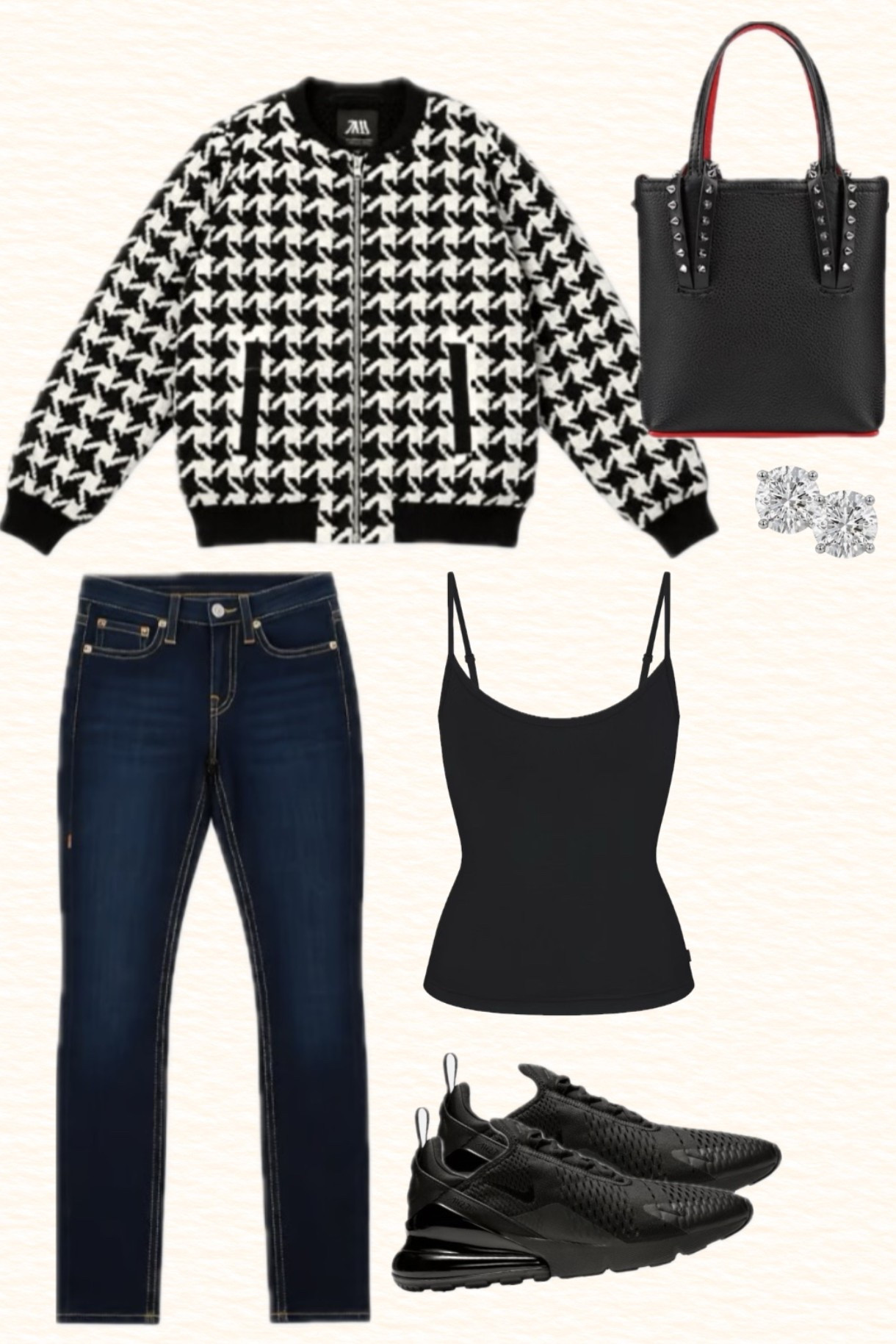Fall or winter look with a houndstooth bomber jacket that’s super marked down right now, dark jeans, black cami, nike air max 270s and Louboutin mini bag.

#LTKSeasonal #LTKSaleAlert #LTKootd