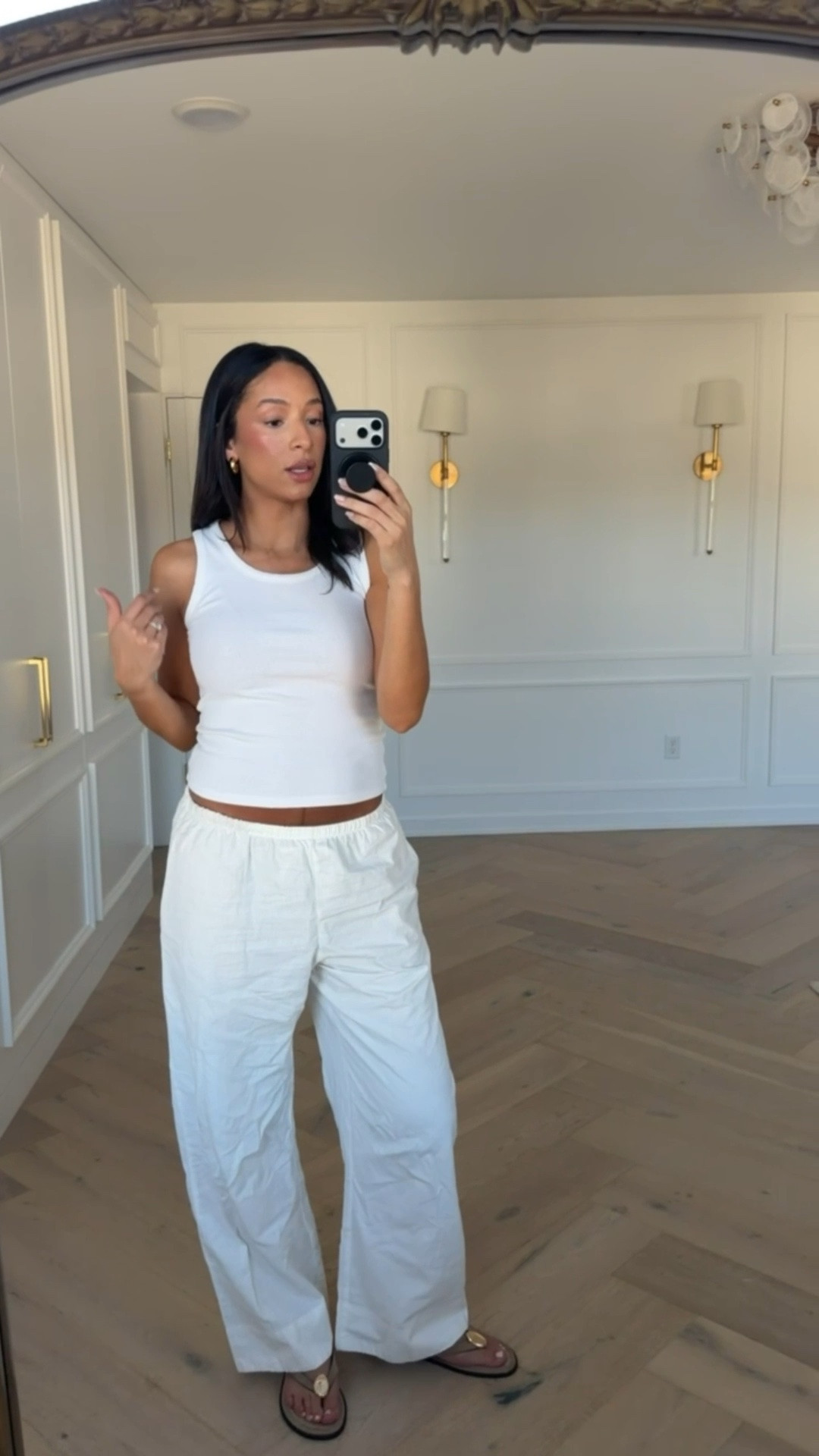 Summer outfit! Wearing size S white tank and size M linen pants 🤍 They’re so comfortable, very stretchy in the waist, and not see through! 

summer fashion, summer style, travel outfit, airport outfit, casual outfit, work from home outfit, mom outfit, postpartum outfit, gap outfit