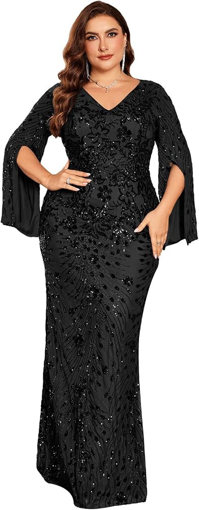 Plus Size Formal Dresses for Women with Embroidery Sequin and Cape Sleeve, V-Neck Maxi Dress for ... | Amazon (US)