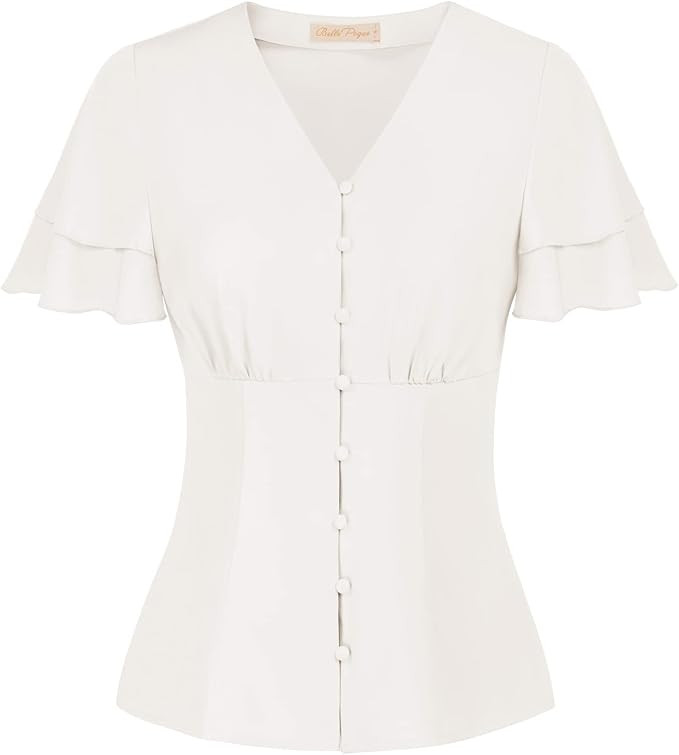 Belle Poque Women's V Neck Puff Sleeve Blouse Vintage Shirts for Women 1950s | Amazon (US)