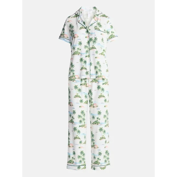 Joyspun Women's Dreamy Soft Collection Notch Collar Top and Capri Pants Pajama Set, 2-Piece, Size... | Walmart (US)