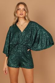 Kimono Sleeve Sequin Romper - Emerald | Petal & Pup (US)