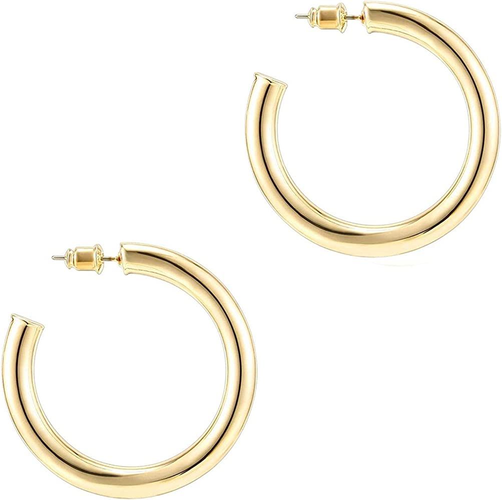 PAVOI 14K Gold Colored Lightweight Chunky Open Hoops | Gold Hoop Earrings for Women | Amazon (US)