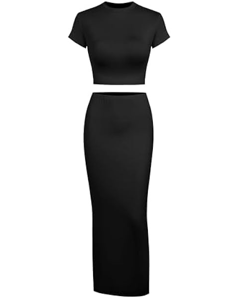 CHYRII Womens Two Piece Sets Short Sleeve Crewneck Cropped Top Bodycon Fold Over Maxi Skirt Maxi ... | Amazon (US)