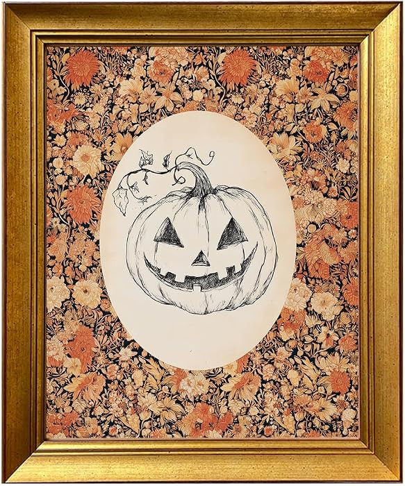 Vintage Gold Framed Floral Autumn Wall Art Halloween Sketch Print Spooky Pumpkin Wall Decor Rusti... | Amazon (US)