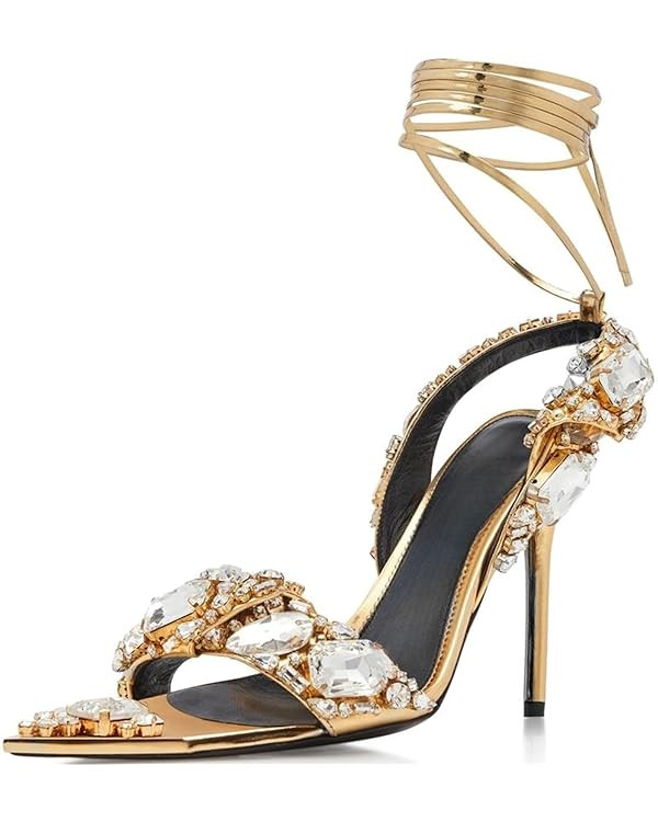 Sparkly Rhinestone Stiletto Heels Sandals for Women, Lace Up Backless Pointed Open Toe Wrap Aroun... | Amazon (US)
