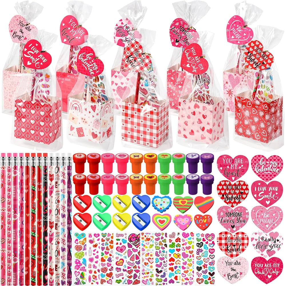 Pasimy 240 Pcs Valentine's Day Stationery Gifts for Kids, Valentines Popcorn Boxes Valentines Gif... | Amazon (US)