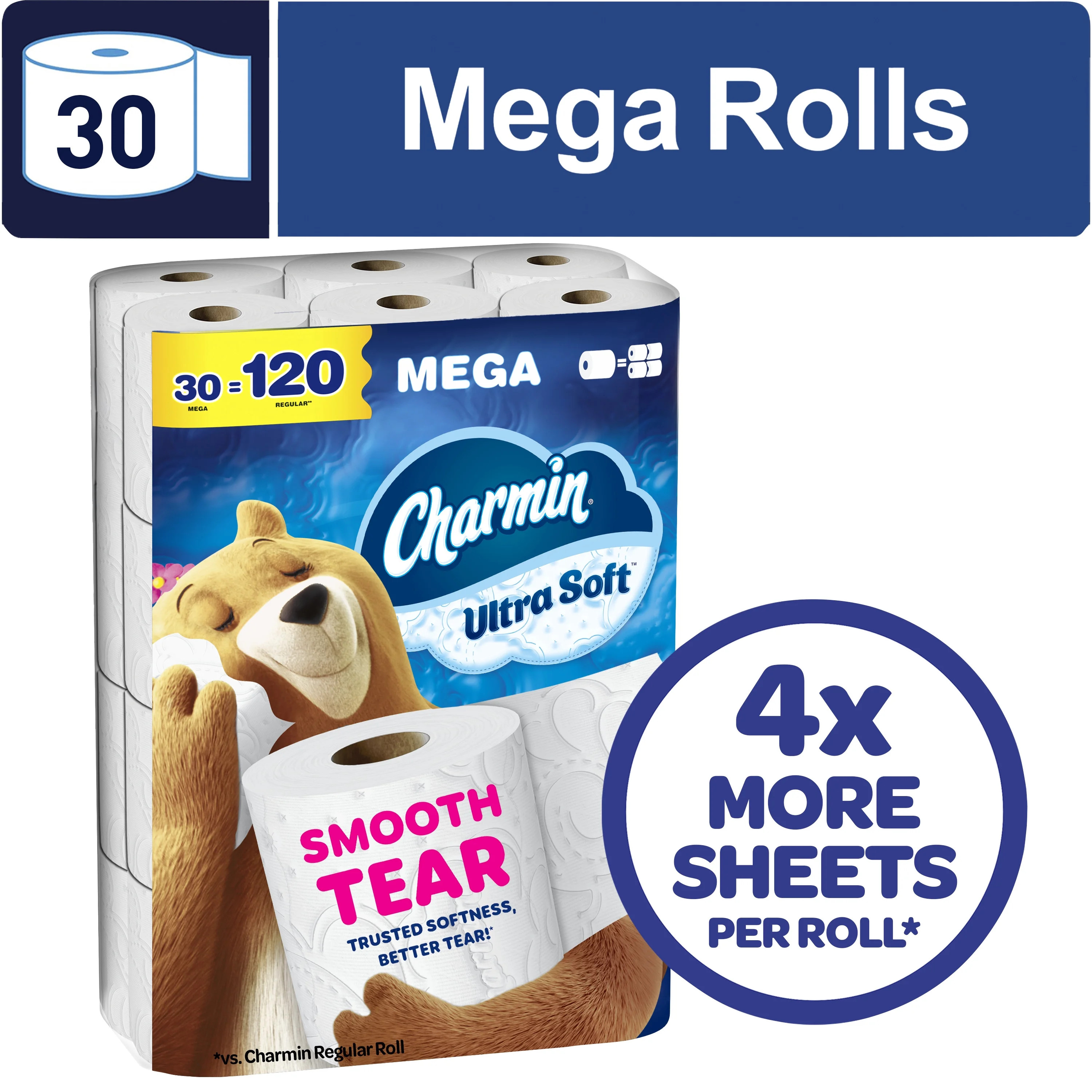 Charmin Toilet Paper Ultra Soft, 30 Mega Rolls, 2-ply Bath Tissue | Walmart (US)