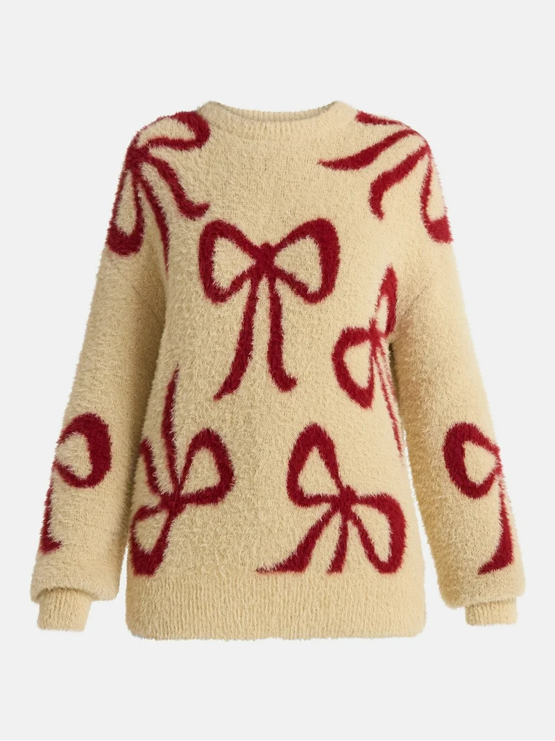 99 Jane Street Women's and Women's Plus Bow Print Pullover Sweater, Midweight, Sizes XS-4X - Walm... | Walmart (US)