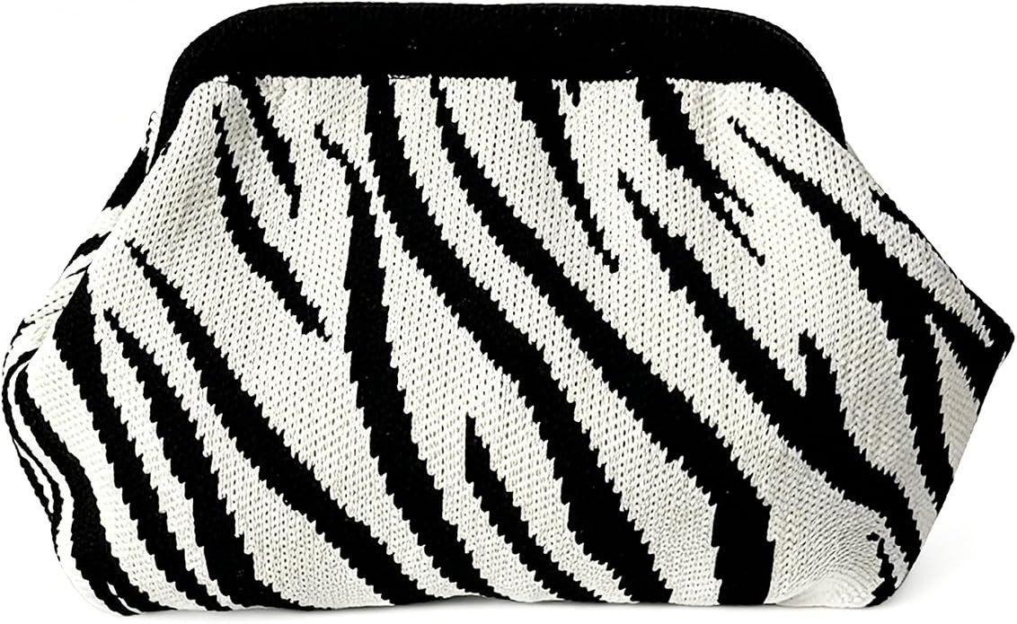 Zebra Print Purse for Women,Knitted Striped Crossbody Dumpling Clutch Bag,White and Black Crochet... | Amazon (US)