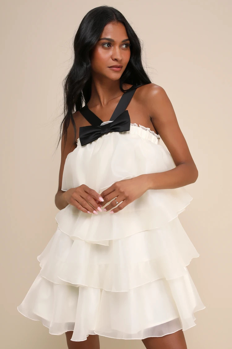 Deluxe Vision Ivory and Black Tiered Bow Shift Mini Dress | Lulus