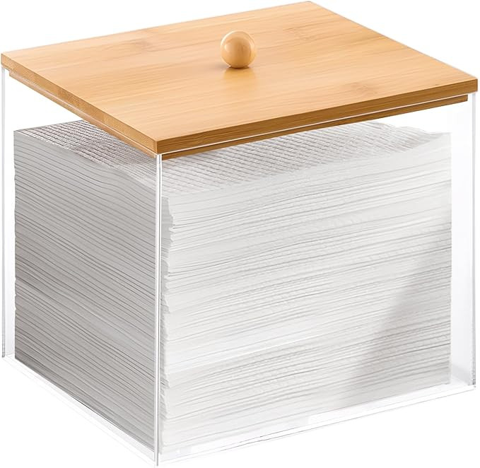 Puricon Acrylic Disposable Facial Towels Holder, Clear Storage Bin with Wood Lid Compatible with ... | Amazon (US)