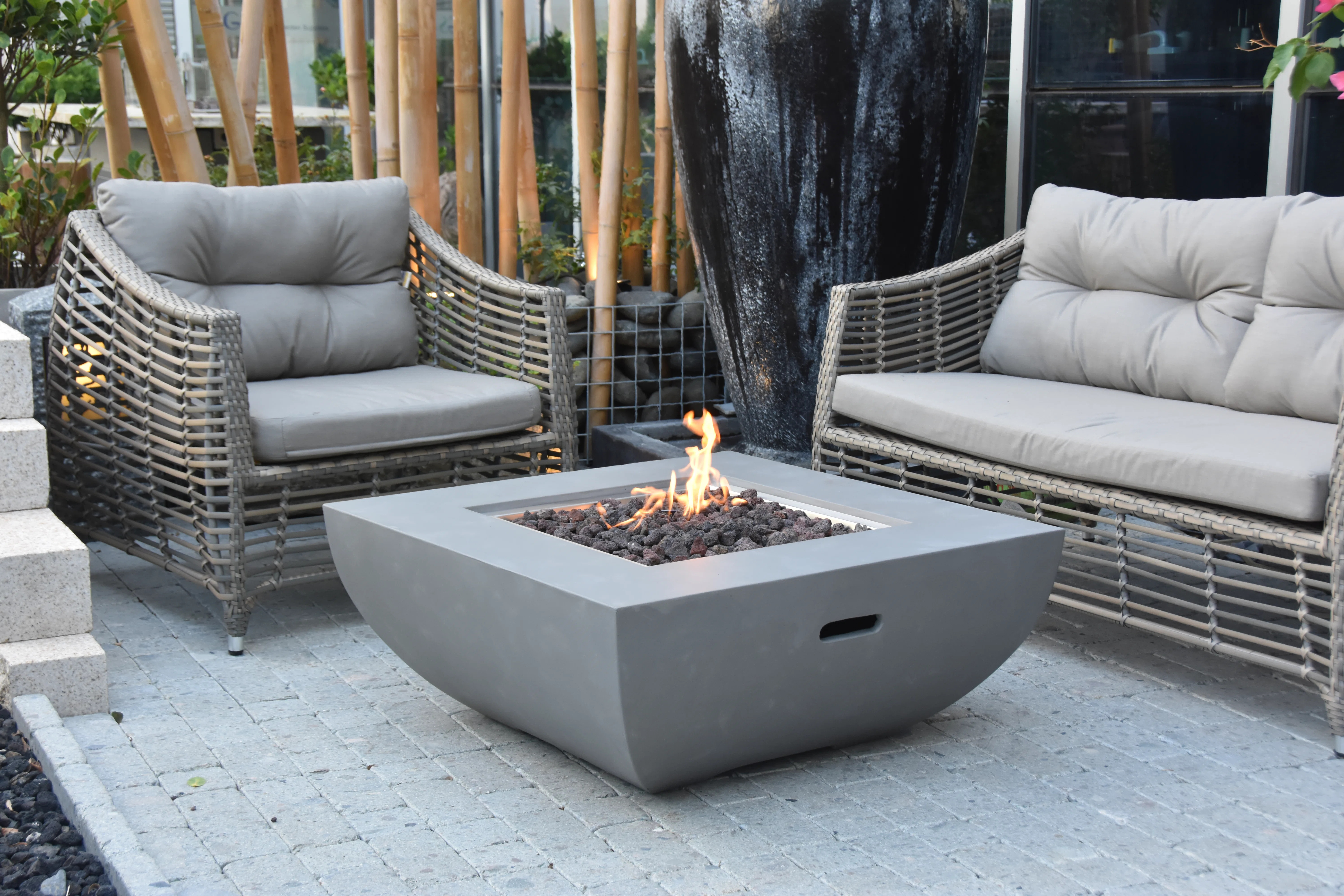 Jaymie 34" Outdoor Concrete Fire Table 50,000 BTU - Includes Lava Rocks & PVC Cover | Wayfair North America