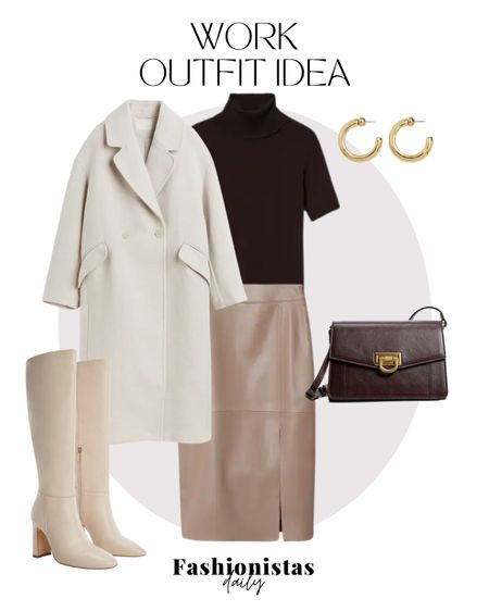 Classy office outfit 

Long coat, turtle neck, boots, leather midi skirt, small bag, gold earrings.  

#LTKworkwear #LTKstyletip #LTKeurope