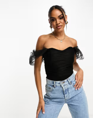 Lace & Beads tulle bardot bodysuit in black | ASOS (Global)