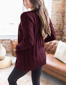 MEROKEETY Women's Long Sleeve Cable Knit Sweater Open Front Cardigan Button Loose Outerwear Burgu... | Amazon (US)