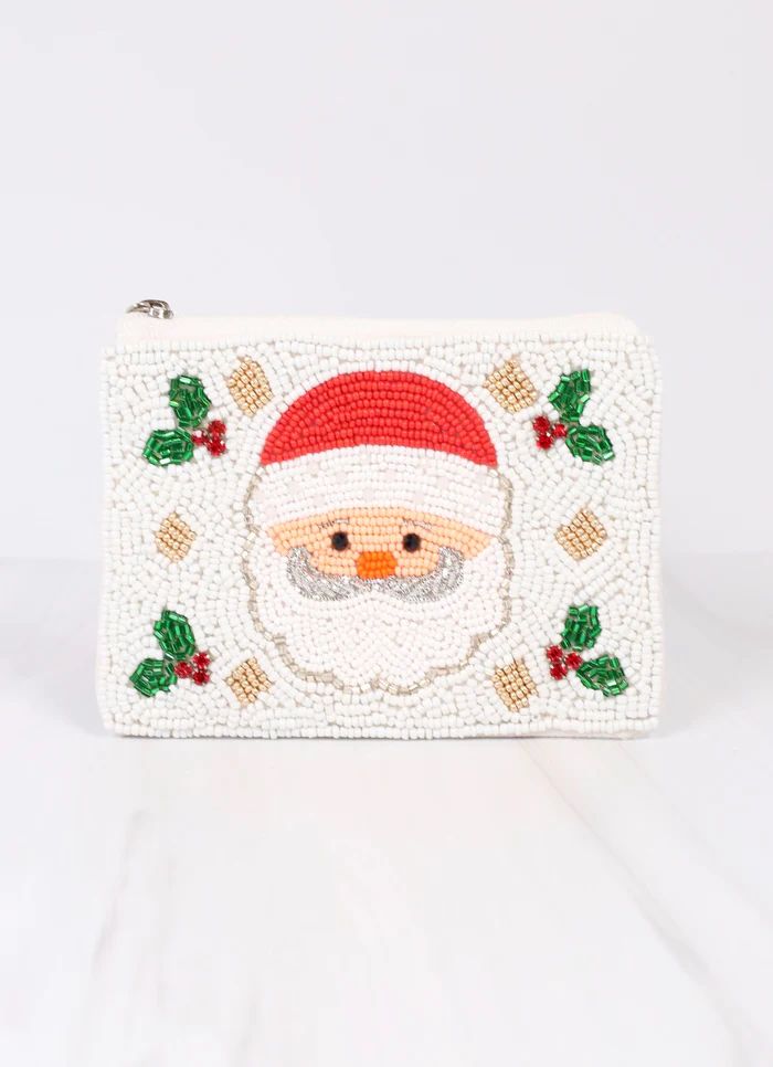 Holly Jolly Santa Beaded Pouch WHITE | Caroline Hill