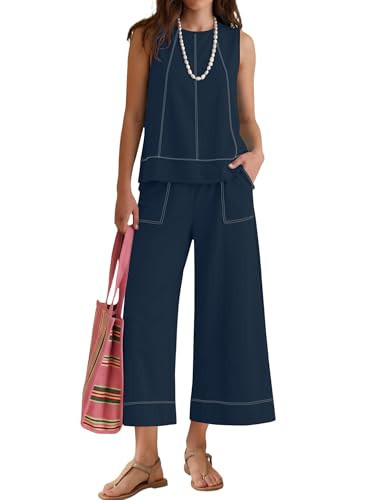LOMON Women's Summer 2 Piece Outfits Set Travel Vacation Sleeveless Tops Matching Sets Wide Leg Pants(Navy Blue,XXL) | Amazon (US)