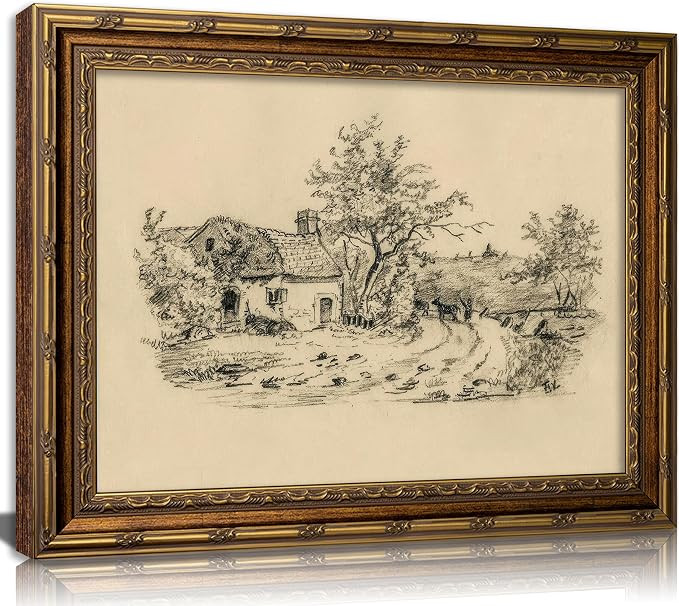 Vintage Gold Framed Sketch Cottage Canvas Wall Art,Retro Rustic Farmhouse Neutral Cottagecore Pai... | Amazon (US)