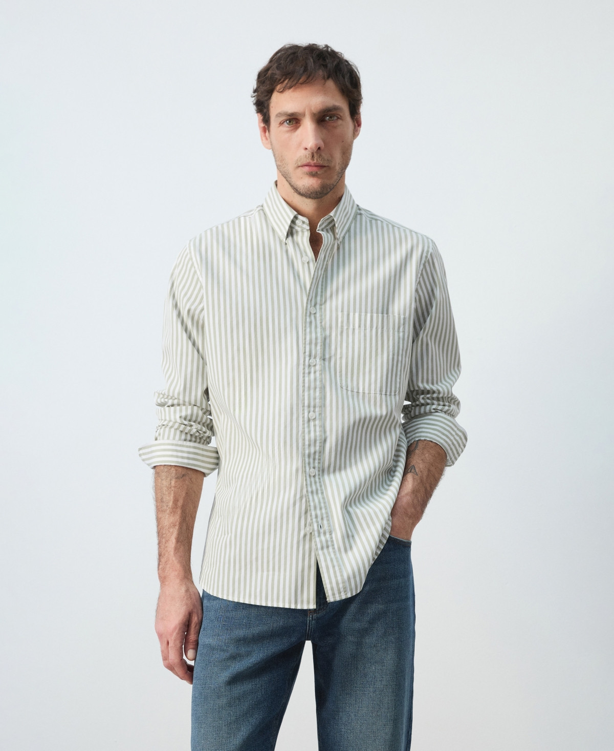 Mango Men's Cotton Regular-Fit Striped Shirt - Pastel Green | Macy's
