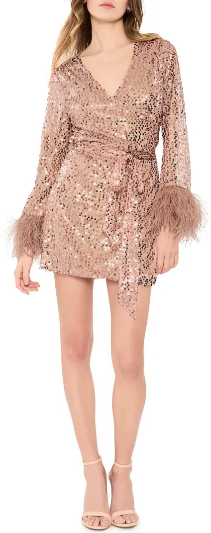 Bridges Sequin Tie Belt Genuine Ostrich Feather Wrap Dress | Nordstrom