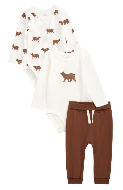 FIRSTS by Petit Lem Bear Cub Stretch Organic Cotton 3-Piece Bodysuits & Pants Set in 101 Off White a | Nordstrom