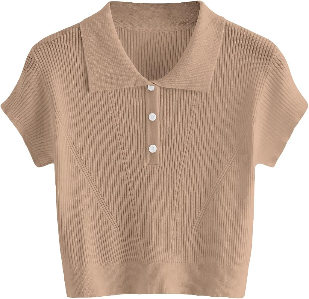 SweatyRocks Women's Collar Half Button Short Sleeve Striped Crop Top T-Shirts | Amazon (US)