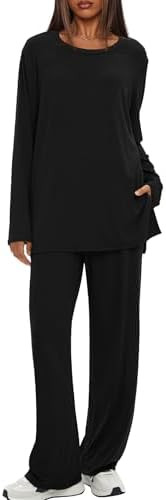 Darong Women's 2 Piece Lounge Set Casual Long Sleeve Crew Neck Tops Wide Leg Pants Travel Airport... | Amazon (US)