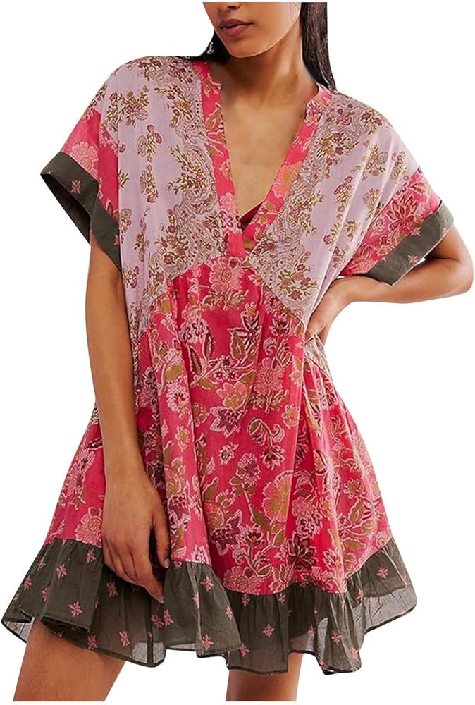 Boho Dresses for Women 2024 Patchwork Floral Deep V Neck Ruffle Oversized Babydoll Sundress Y2k H... | Amazon (US)