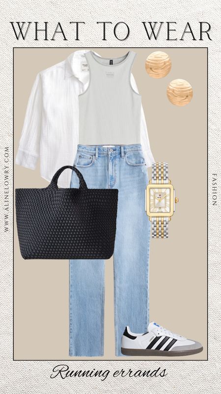 What to wear to run errands. Casual spring outfit idea. Jeans, grey tank top, black tote, white third piece. 

#LTKSeasonal #LTKU #LTKstyletip