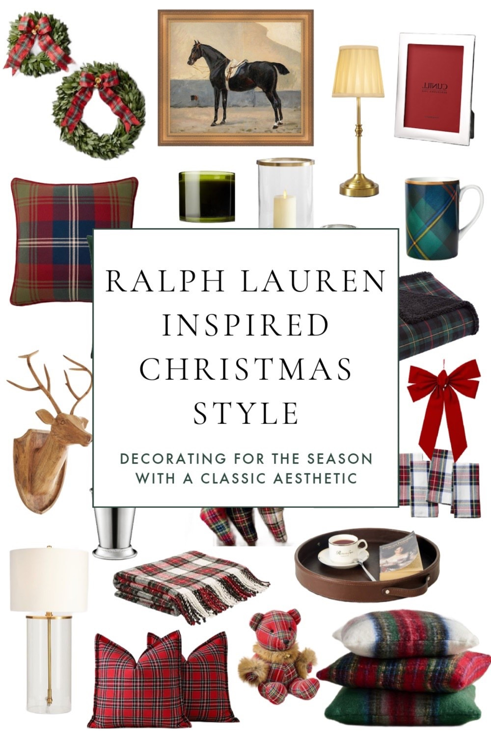 Classic Christmas decor with Ralph Lauren style; plaid ribbon, greenery, brass, pillows, tree decor, mantel, living room decorations, and more.  #ChristmasDecorIdeas 

#LTKSeasonal #LTKHome #LTKHoliday