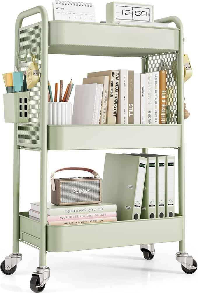TOOLF 3 Tier Rolling Cart Storage Organizer, Metal Rolling Utility Cart with Wheels, Hooks & Bins... | Amazon (US)