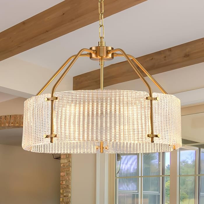 Gold Glass Drum Chandelier for Dining Room,20" Modern Textured Glass Chandelier,5-Light Round Kit... | Amazon (US)