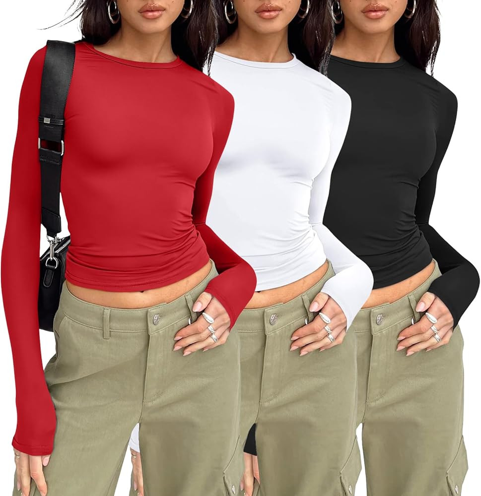 AUTOMET 3-Pack Women's Long Sleeve Crop Tops - Basic Fitted T-Shirts Set | Amazon (US)
