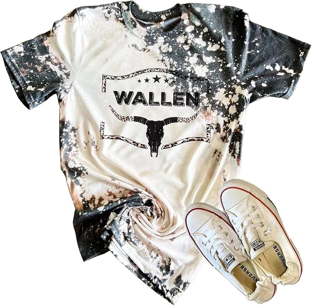 Retro Steer Skull Western T-Shirt Wallen Country Music Shirt Vintage Bleached Rodeo Casual Short ... | Amazon (US)
